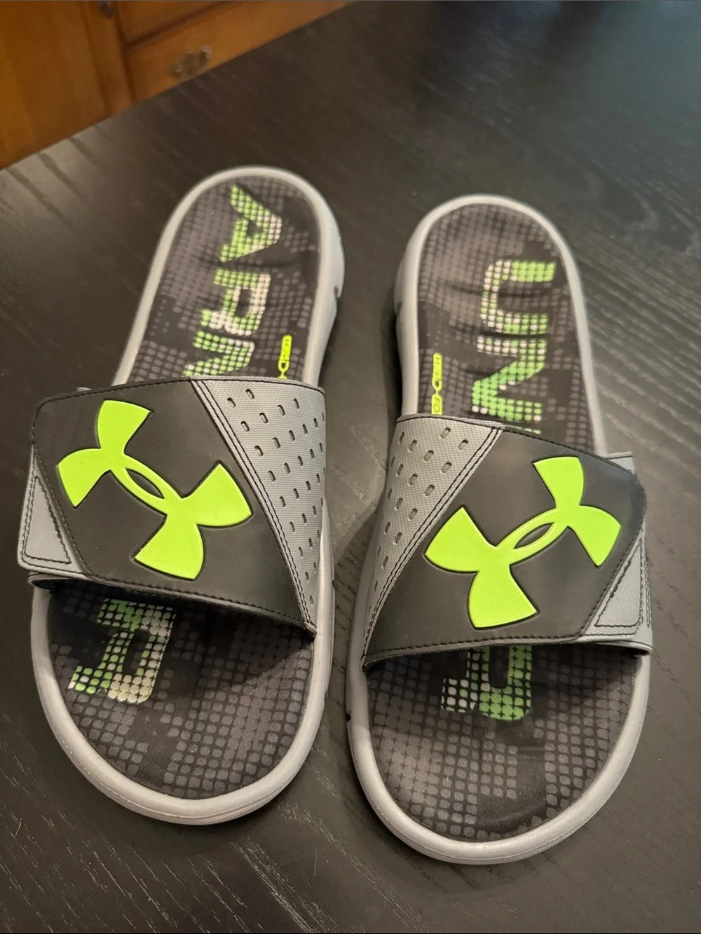 Under Armour Mens Gray Slides with Neon Green Logo
